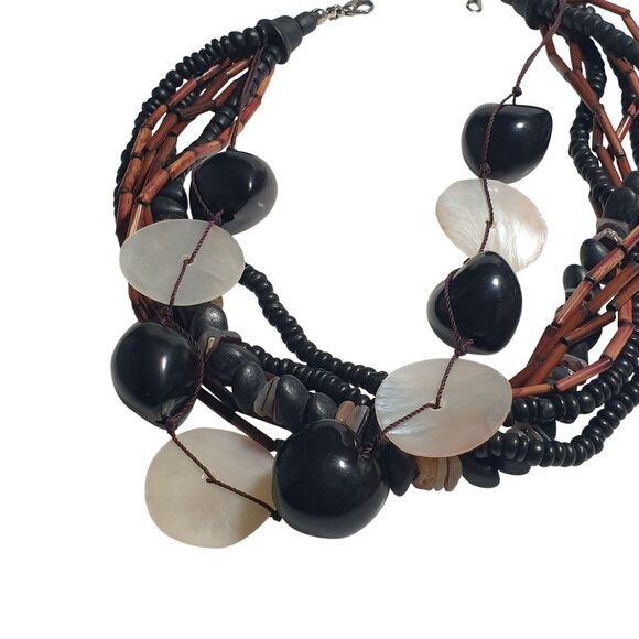 Vintage Statement Necklace Natural Shell Wood Beaded Adjustable Lobster Clasp - Picture 2 of 4
